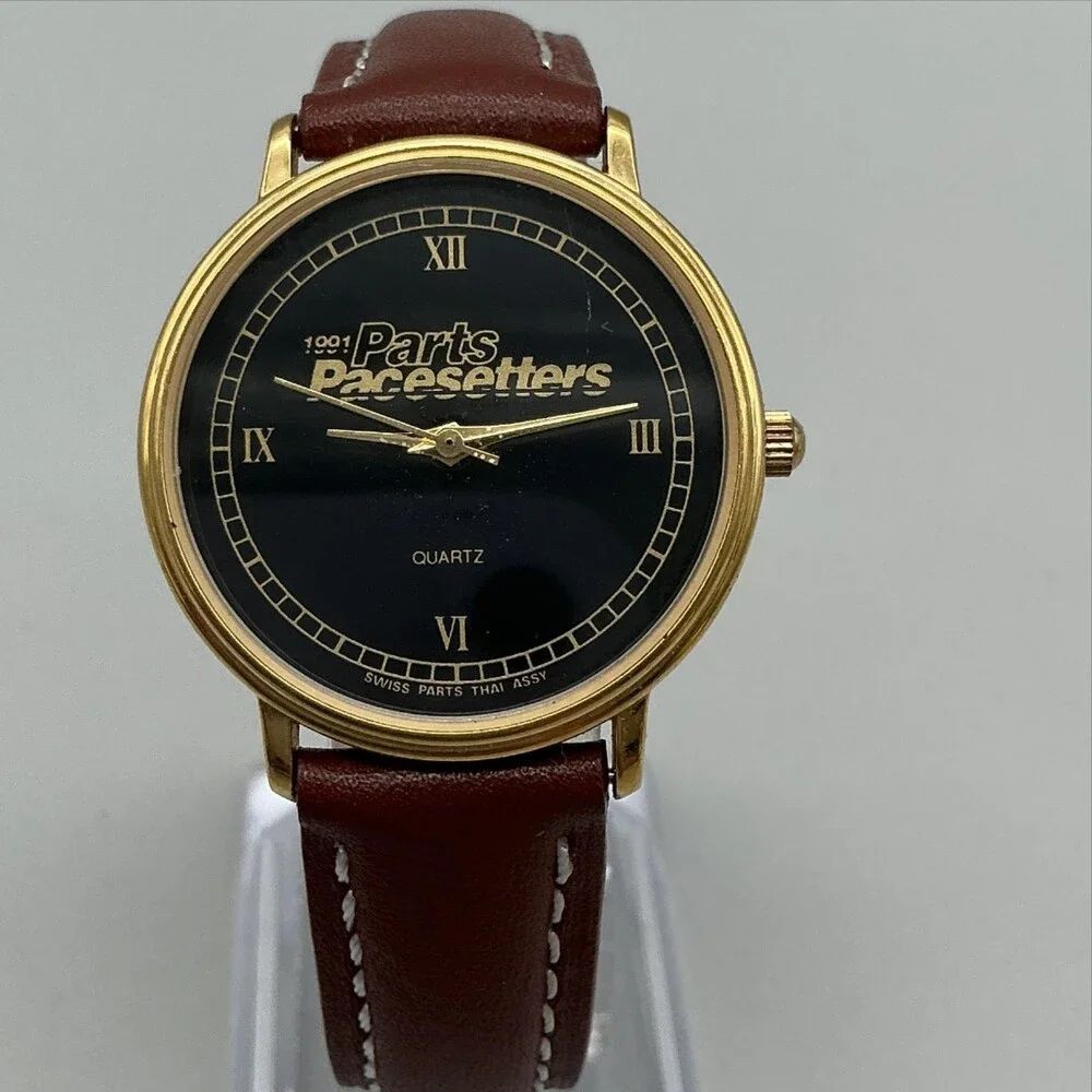 Vintage Parts Pacesetters Mens Watch 32mm Black Logo Dial Leather New Battery